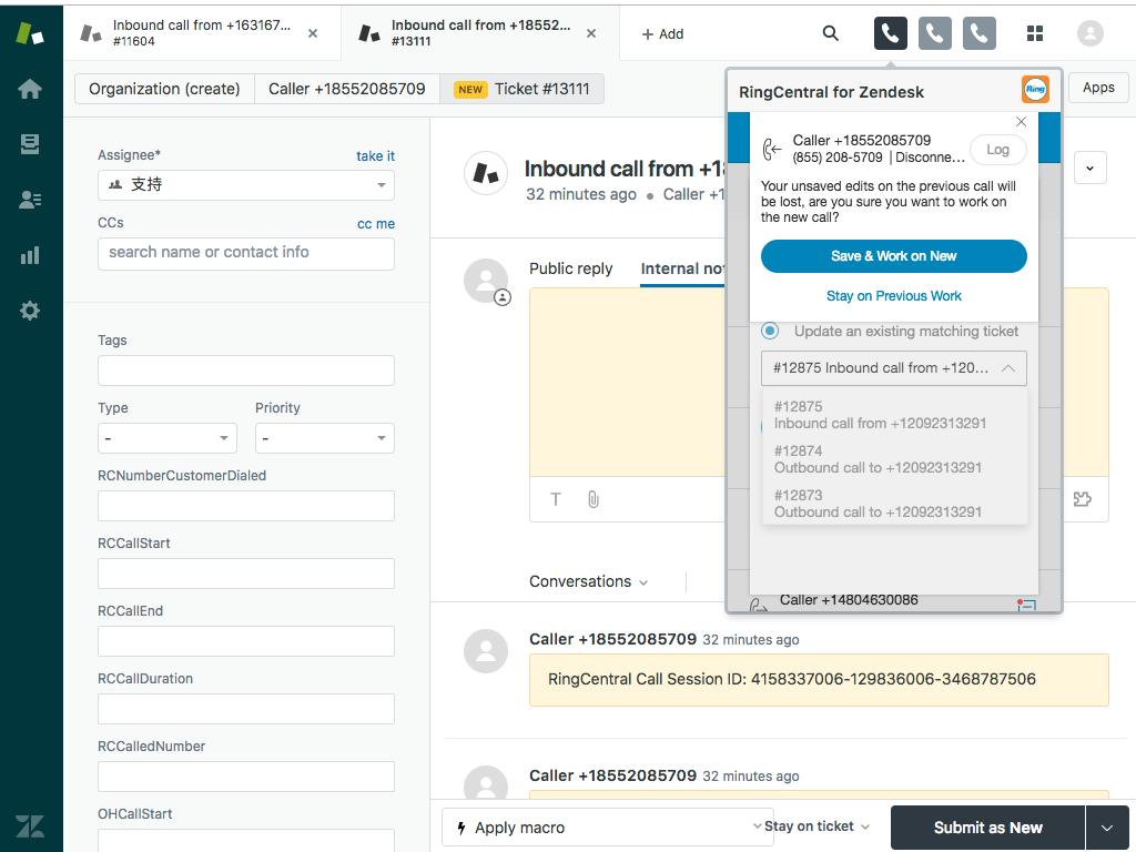RingCentral App Integration with Zendesk Support